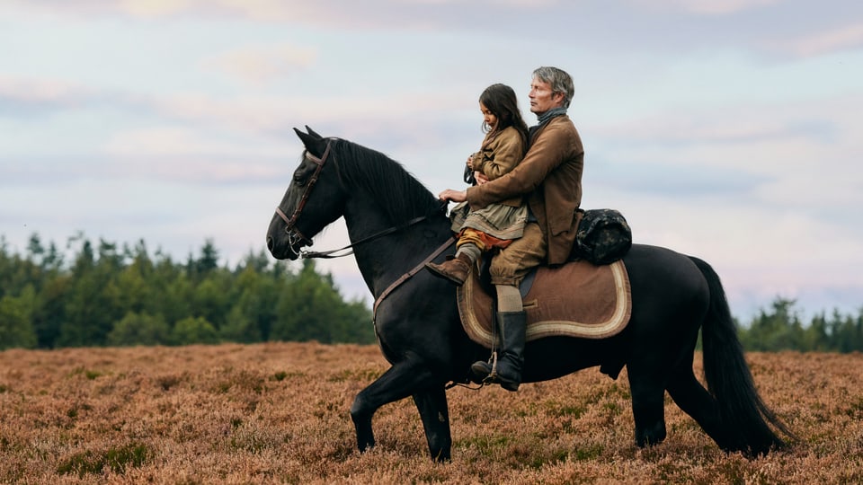 Älterer Mann und junges Mädchen reiten zusammen auf schwarzem Pferd durch ein Heidegebiet.