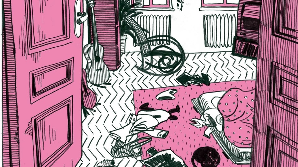 Eine schwarz-rosa-weisse Comic-Illustration: Ein unordentliches Schlafzimmer.