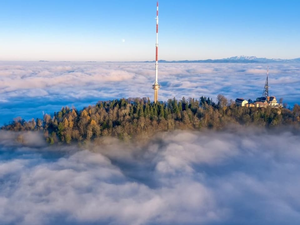 Der Üetliberg ragt aus dem Nebel. 