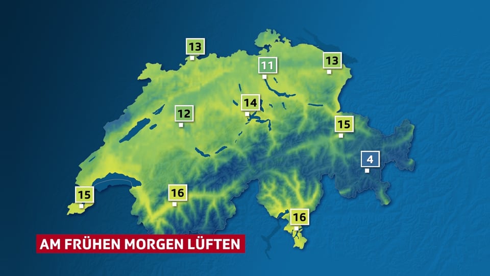 Schweizerkarte mit den Temperaturen von Montagmorgen in grossen Ortschaften. 