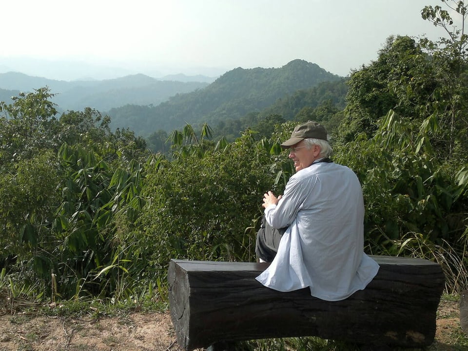 Zoodirektor Alex Rübel sitzt auf einer Bank und schaut auf einen Regenwald.