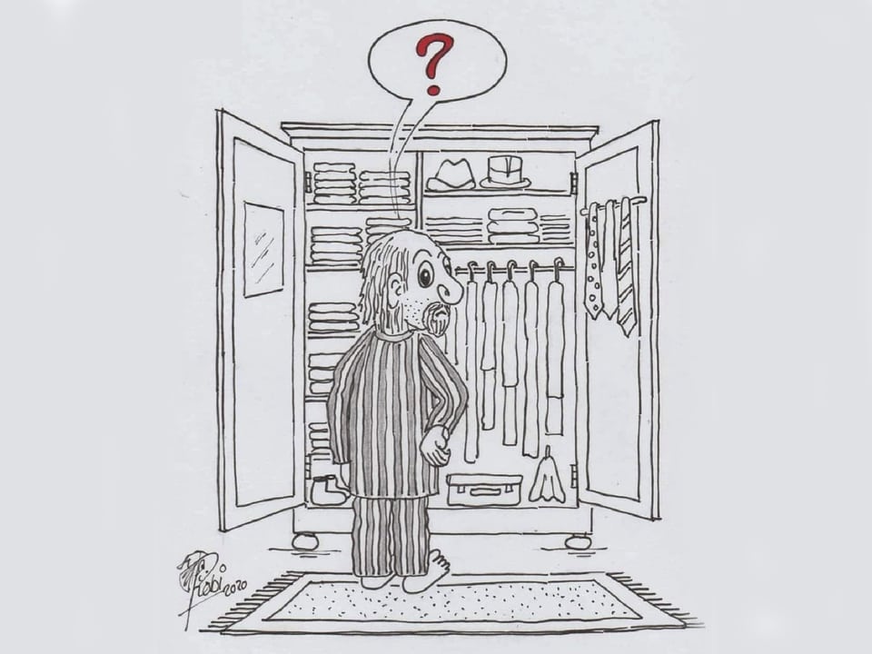 Zeichnung eines Mannes vor einem Kleiderschrank
