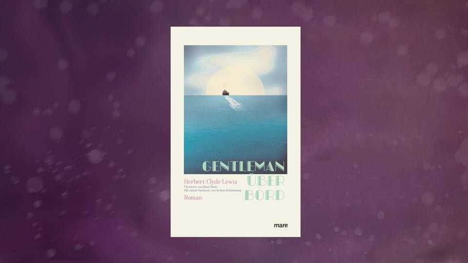 violetter Hintergrund, Buchcover, weiss mit einem Bild vom Meer, ganz klein ein Schiff in der Ferne