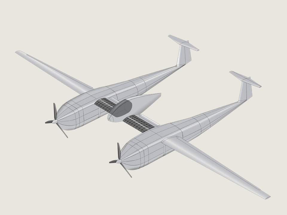 Visualisierung des Flugzeuges. Es sind zwei Rümpfe mit Propeller zu sehen, die mit einem langen Flügel verbunden sind.