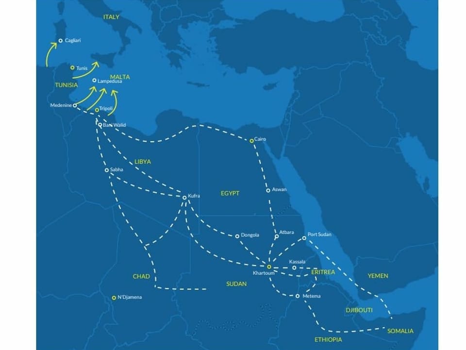 Karte mit Mgrationsrouten in Ostafrika und am Horn von Afrika