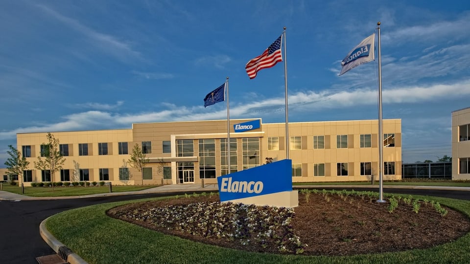Firmengebäude von Elanco mit US-Flagge vorne dran