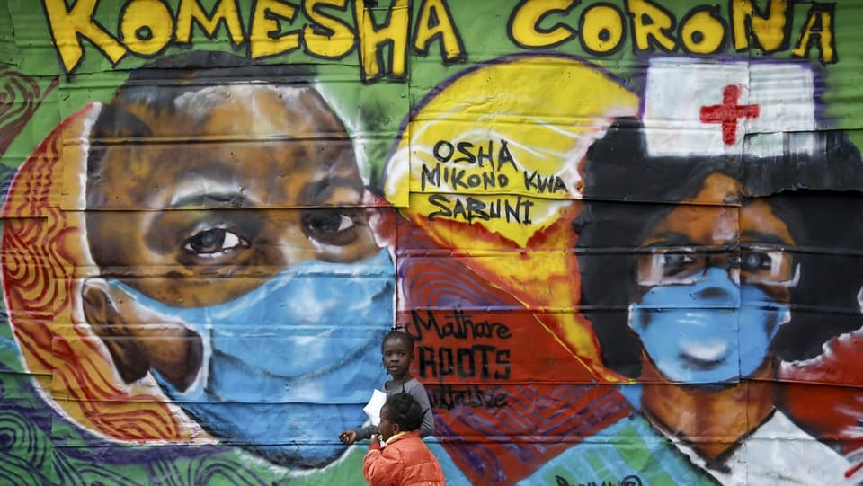 "Stoppt das Coronavirus in der Nachbarschaft-Graffti" auf Swahili in Kenia.