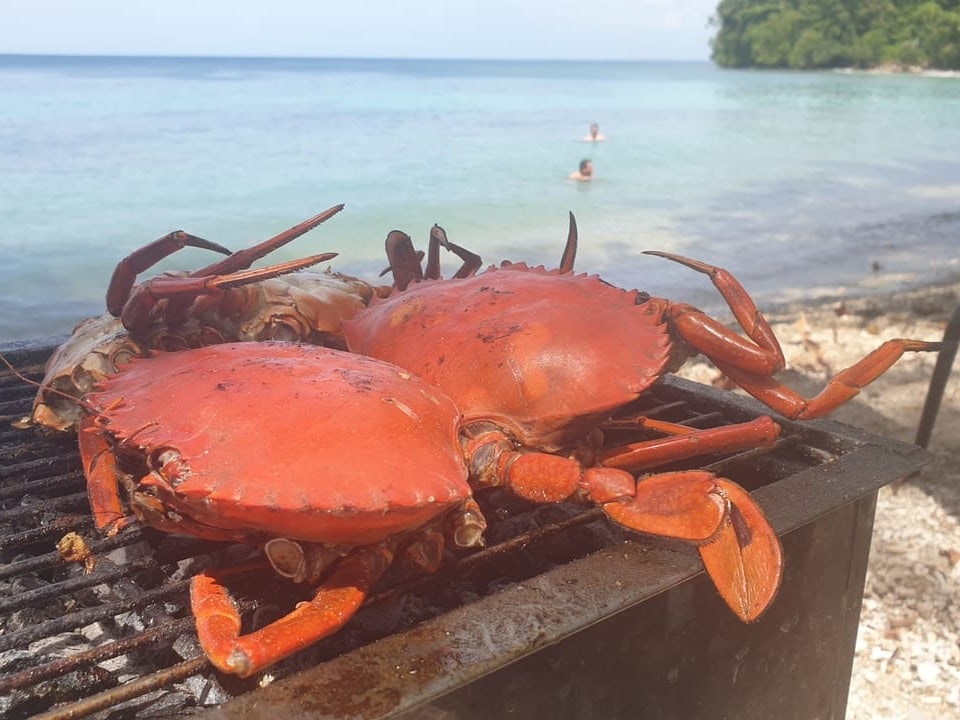 Krabben auf einem Grill, Dahinter Strandszene.