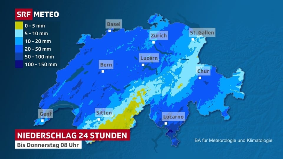 Regensumme der vergangenen 24 Stunden bis Donnerstag 8 Uhr Regensumme der Schweiz der letzten 24 Stunden. Viel Regen im Westen und Süden.