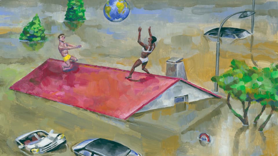Illustration eines Hauses geht in einer Flut unter. Zwei Personen spielen auf dem Dach in Badekleidung mit einem Ball.