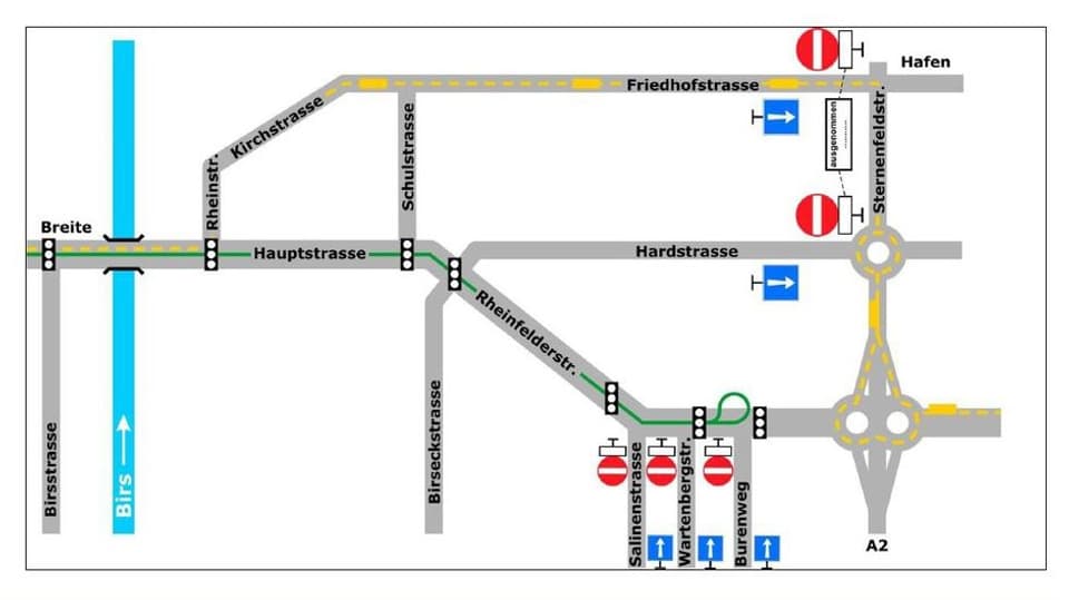 Plan von Strassen in Birsfelden. Eingezeichnet ist darauf, welche Strassen im Pendlerverkehr nur noch in eine Richtung befahren werden dürfen vpon Auswärtigen.