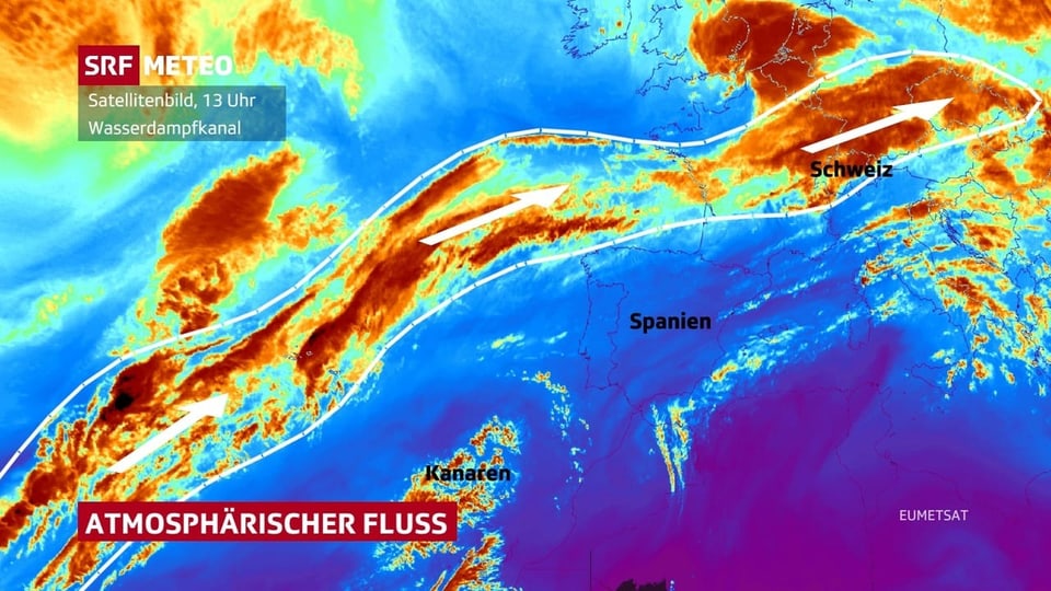 Das Satellitenbild von heute zeigt den Wasserdampfkanal. Blaufarbig steht für trockene Luft, rot für sehr feuchte Luft.