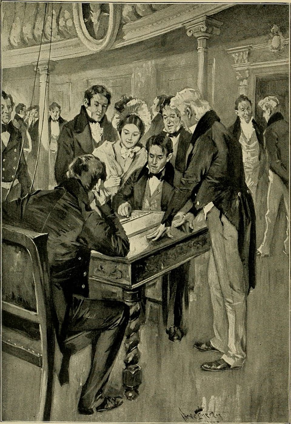 Illustration: Zwei Männer sitzen am an einem Tisch vor einem Gerät, darum herum Zuschauer und eine Zuschauerin.