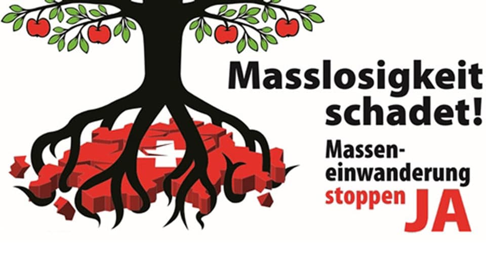 Ein Apfelbaum schlägt Wurzeln in die Schweiz, welche zerbröckelt. Daneben steht der Slogan für die Initiative.