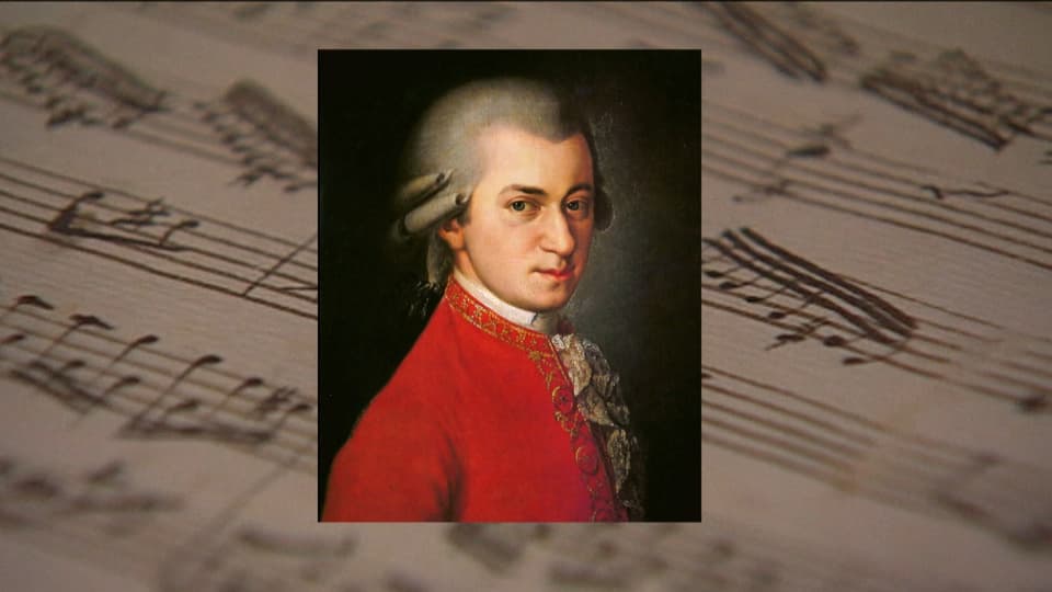 Bis 70 Jahre nach meinem Tod. Mozartbild, Notenblatt einer Partitur im Hintergrund.