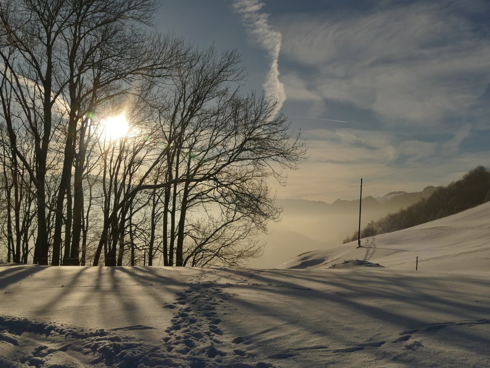 Schneelandschaft bei Sonnenschein.
