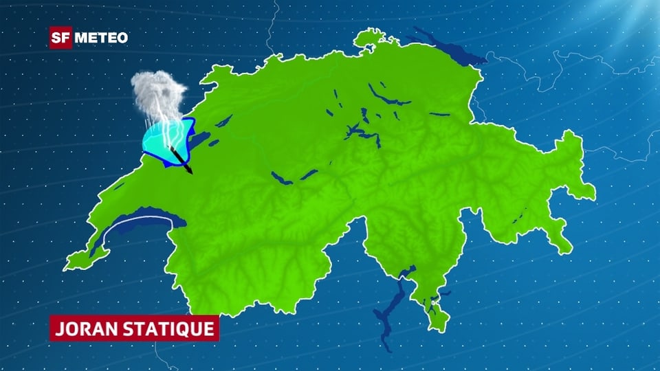 Eine Schweizerkarte. Der blaue Fleck erstreckt sich mit einer Zunge von den Jurahöhen ins Mittelland hinunter. Der Wind hat auf Nordwest gedreht.