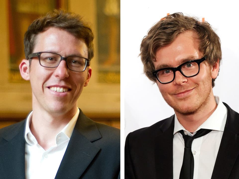 Bildmontage: Porträt zweier lachender Männer mit markenten Brillen.