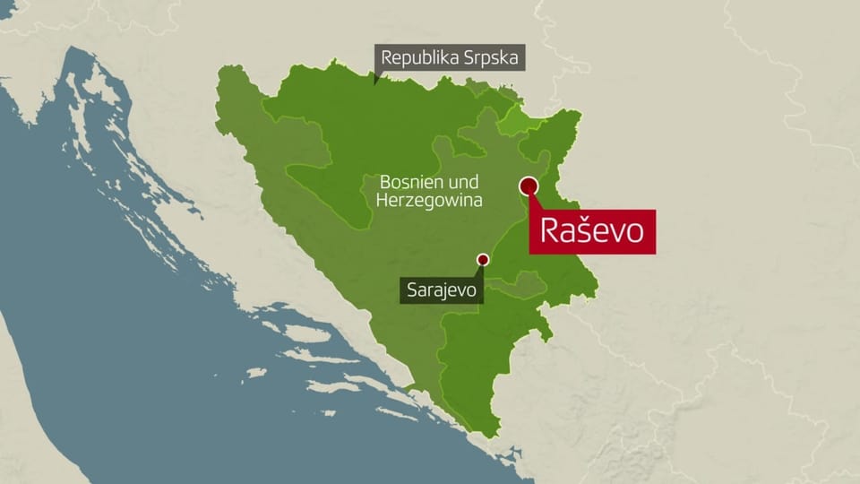Auf der Karte von Bosnien und Herzegowina ist die Ortschaft Rasevo eingezeichnet.
