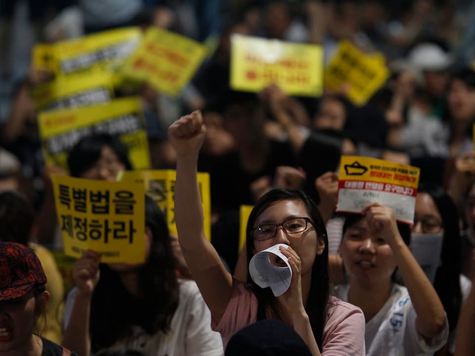 Südkoreaner protestieren wegen dem Fährenunglück.