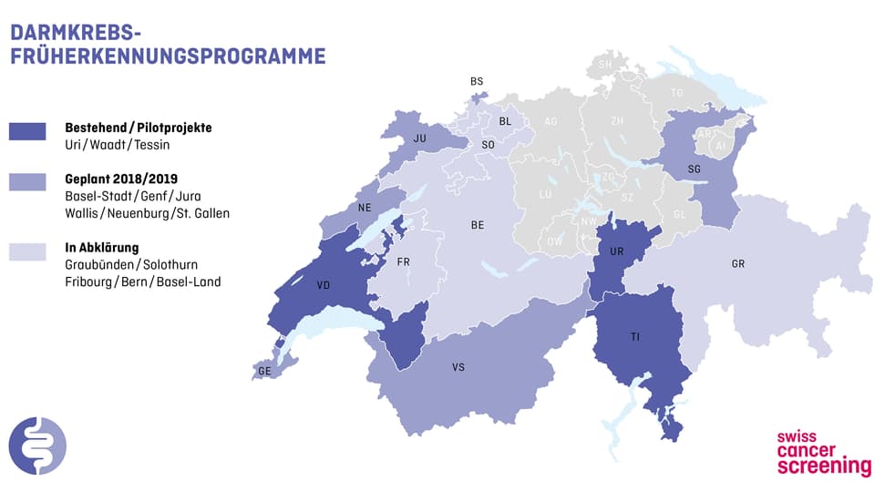 Schweizerkarte mit je nach Früherkennungsprogramm unterschiedlich eingefärbten Kantonen