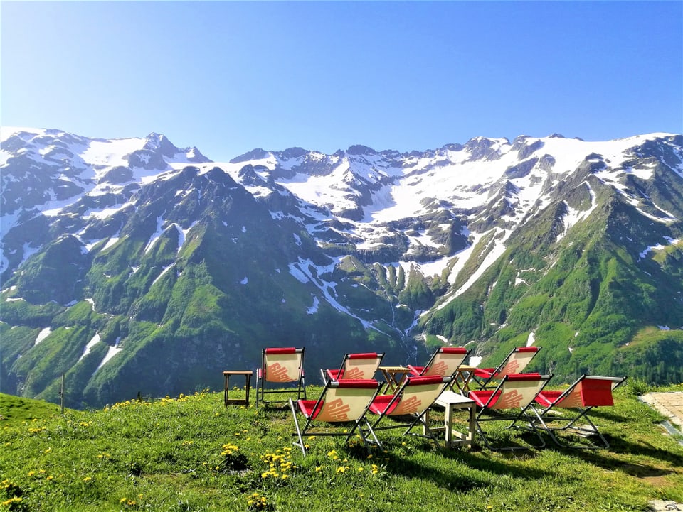 Liegestühle auf einer Wiese. Im Hintergrund die Schneeberge.