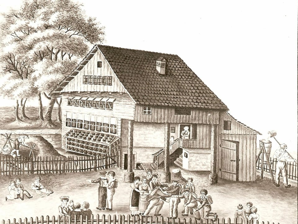 Zeichnung des ersten Schulhauses von Wädenswil