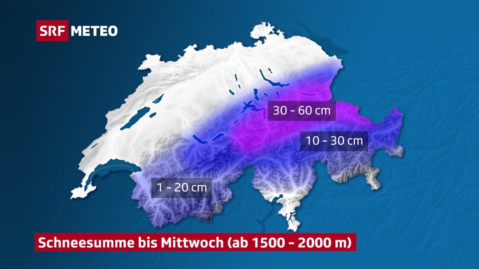 Schneesummenkarte bis Mittwoch. In den östlichen Voralpen bis 60 cm Neuschnee.