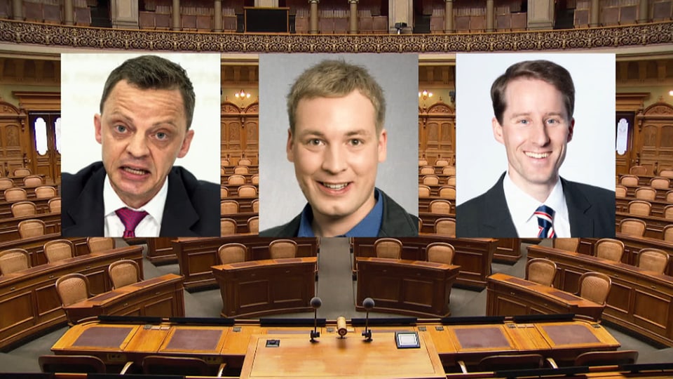 Foto der drei Politiker, Nationalratssaal im Hintergrund.