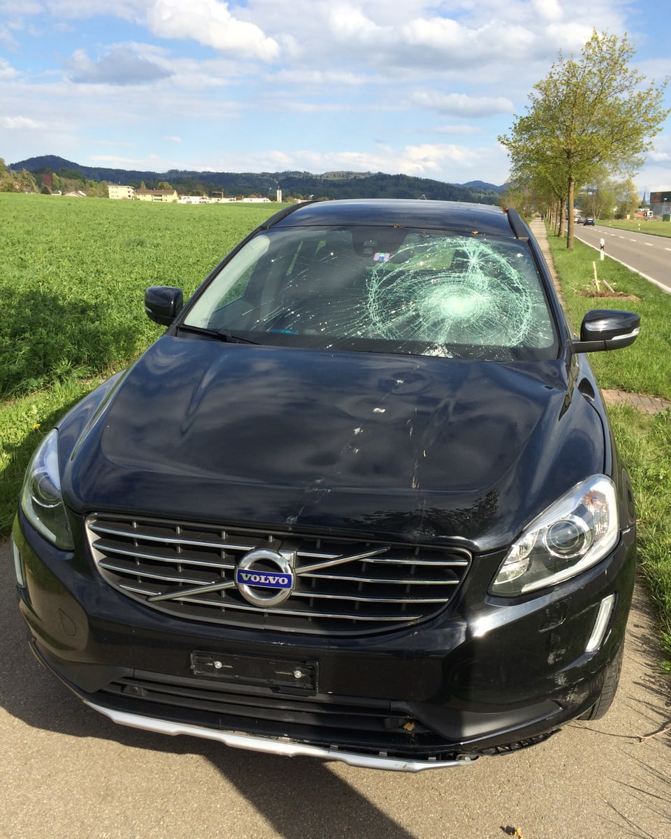 Dunkelblauer Volvo mit zertrümmerter Frontschreibe nachdem Unfall. 