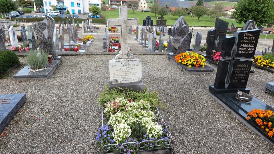 Blick auf einen kleinen Friedhof.