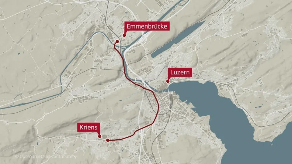 Karte von Luzern mit der Einzeichnung der Busstrecke von Emmenbrücke nach Kriens.