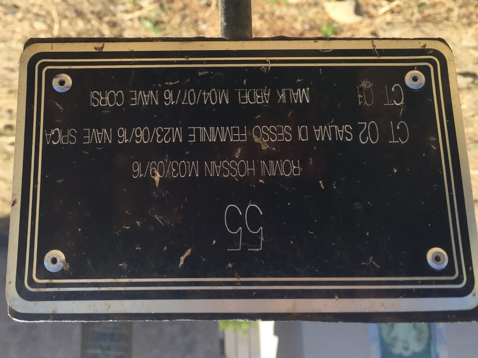 Ein Metallschild mit der Nummer 55 - darunter die Namen der drei Beerdigten und bei zwei auch das Schiff, das die Leichen geborgen hat.