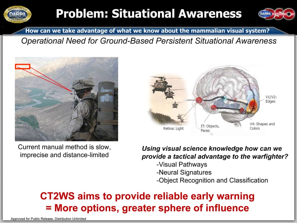 Ein Bild der Defense Advanced Research Projects Agency (DARPA) zeigt einen US-Soldaten auf der linken Seite und ein Gehirn auf der rechten.