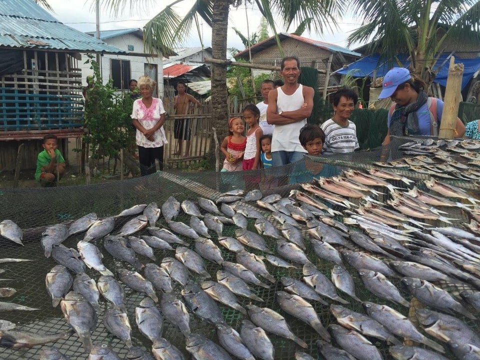 Mehrere Personen posieren vor ausgelegten Fischen, im Hintergrund Häuser und Palmen.