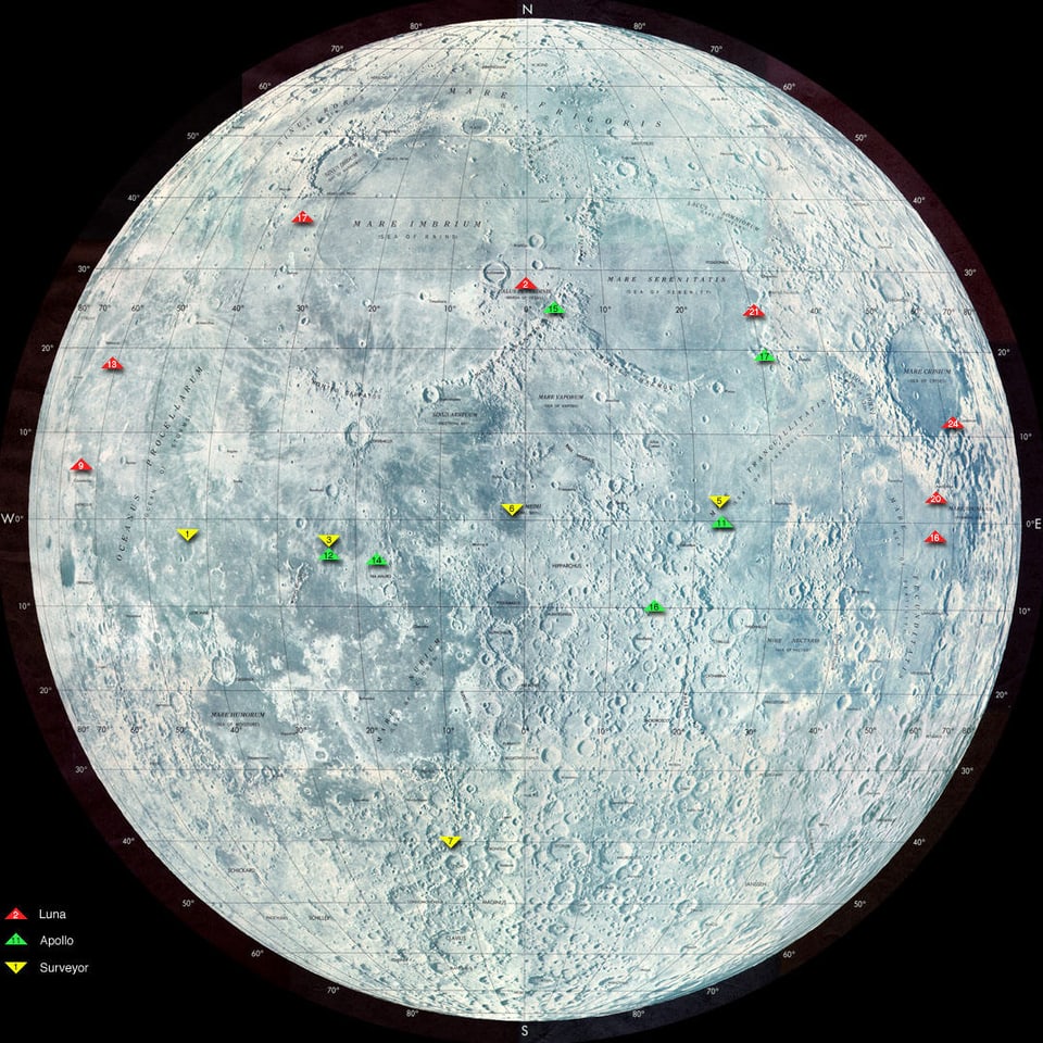 Gut besucht: Die Karte zeigt Landeorte der Raumfahrzeuge der Luna-, Surveyor- und Apollo-Programme auf dem Mond.