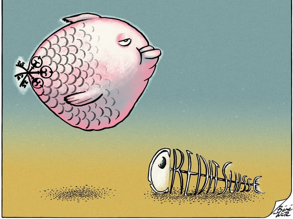 Ein dicker Fisch mit UBS-Logo als Schwanz schwimmt über Fischknochen, die aus dem Schriftzug «Credit Suisse» bestehen.
