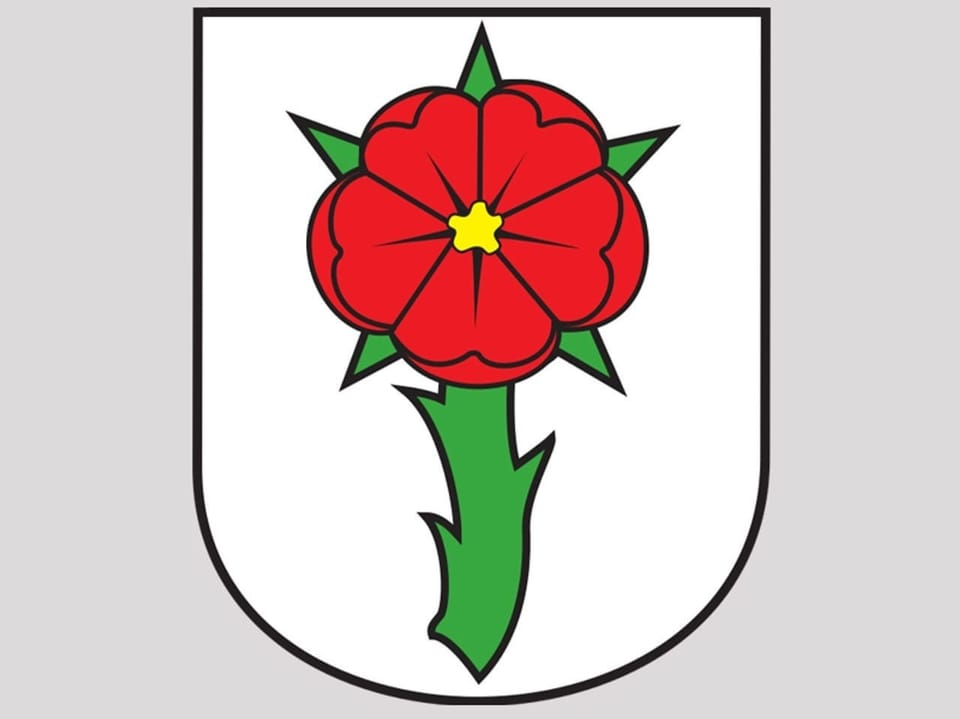 Ein Wappen mit einer Rose auf weissem Grund. 