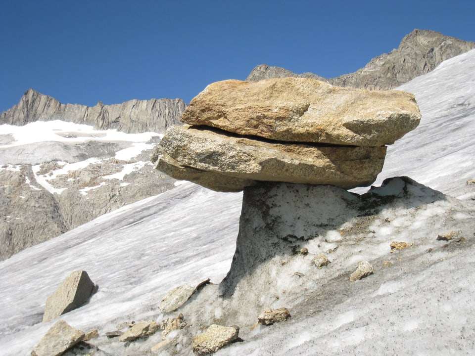 Ein grosser Felsbrocken liegt erhöht auf einer Eiserhebung auf dem Gletscher.