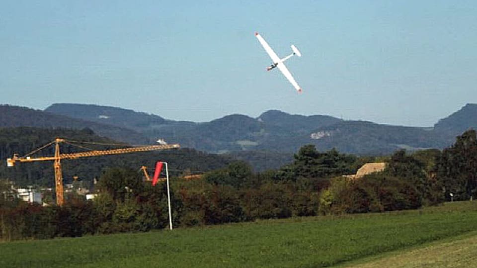 Weisses Segelflugzeug mit Nase nach unten kurz über einer Wiese.