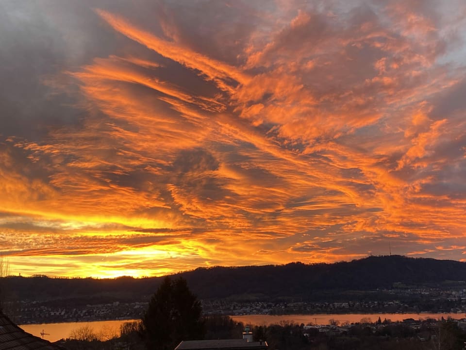 Der Himmel zeigt sich orange-gelb, wie ein brennendes Inferno. Davor sieht man den Zürichsee.
