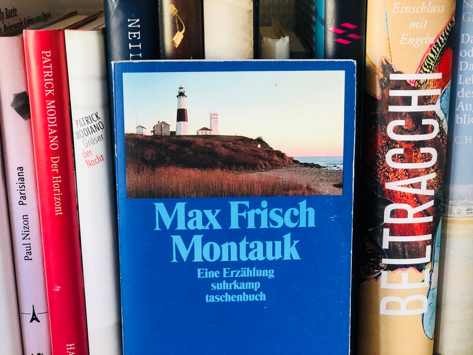 Auf einem Regal stehen die gesammelten Werke von Max Frisch
