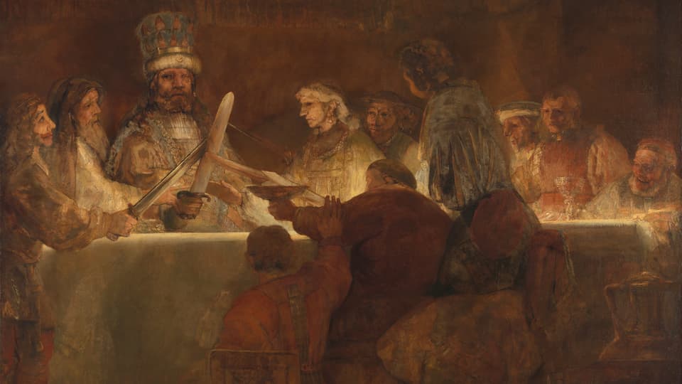 Gemälde: Männer sitzen an einem Tisch. Einige von ihnen halten Schwerter in die höhe und kreuzen sie in ihrer Mitte.