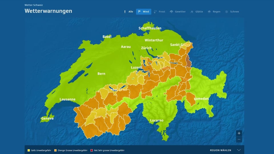 Eine Schweizerkarte zeigt die gewarnten Gebiete.