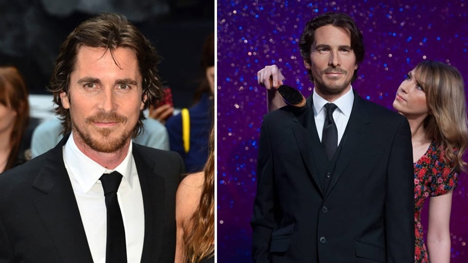 Splittscreen mit dem echten Christian Bale und der Wachsversion