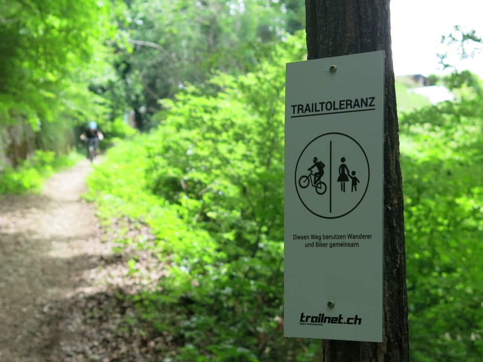 Schild an einem Baum mit der Aufschrift "Trailtoleranz" und Pictogramm von Biker und Fussgängerin mit Kind.