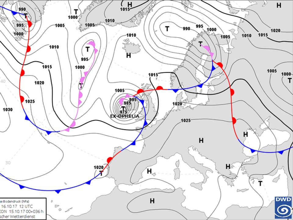 Wetterkarte von Europa mit Tief und dazugehörigen Fronten