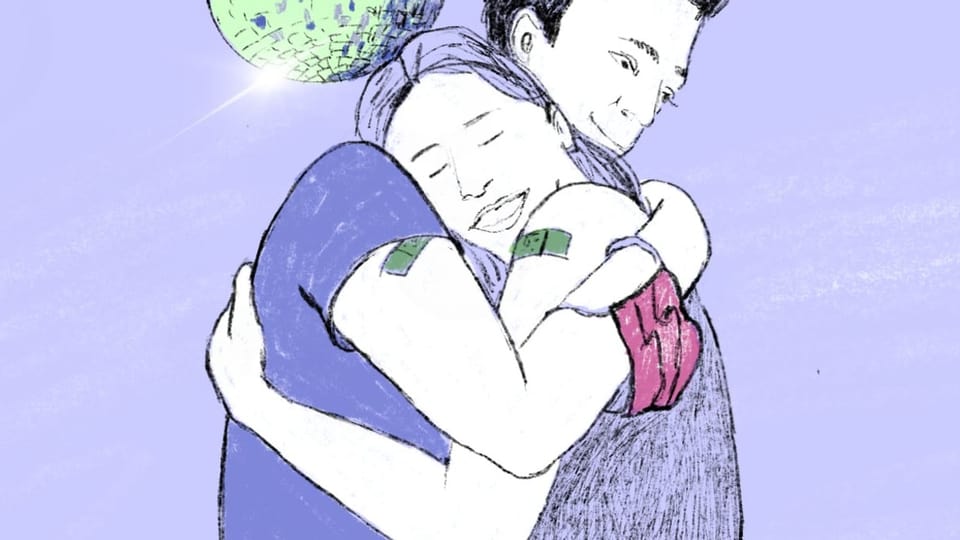 Illustration von zwei Menschen unter einer Discokugel, die sich umarmen.