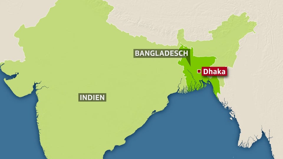 Karte mit Bangladesch und Indien und Markierung von Dhaka. 