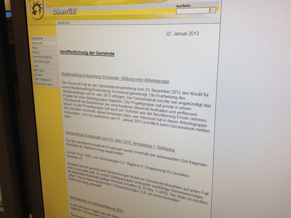 Website der Gemeinde Oberrüti mit der Meldung zu den Gemeinderatswahlen.